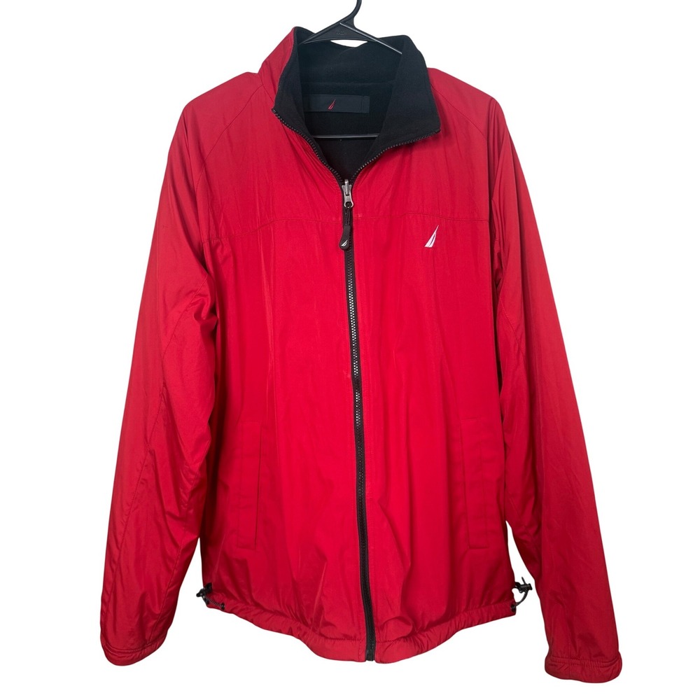 Nautica Reversible Jacket Mens Red Windbreaker Black Fleece Full Zip Logo L